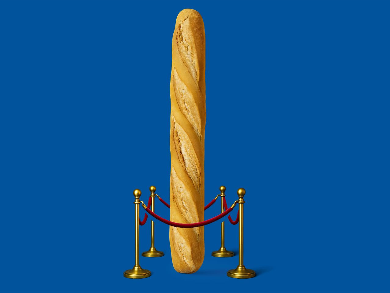 Une baguette de pain géante exposée derrière des poteaux de velours rouges sur fond bleu.