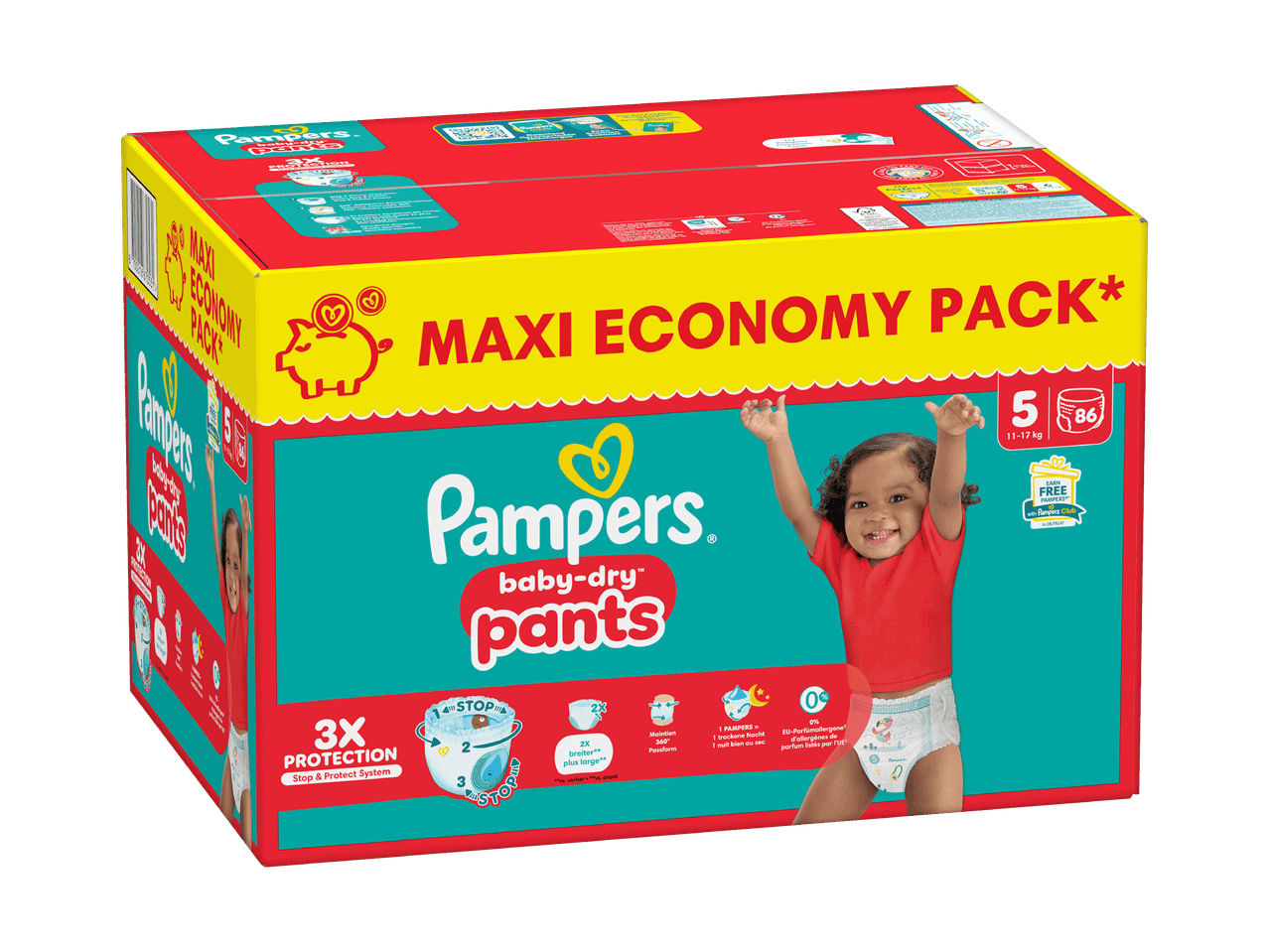 Pampers Baby-Dry Pants Maxi Economy Pack Windelpackung mit einem lächelnden Baby.