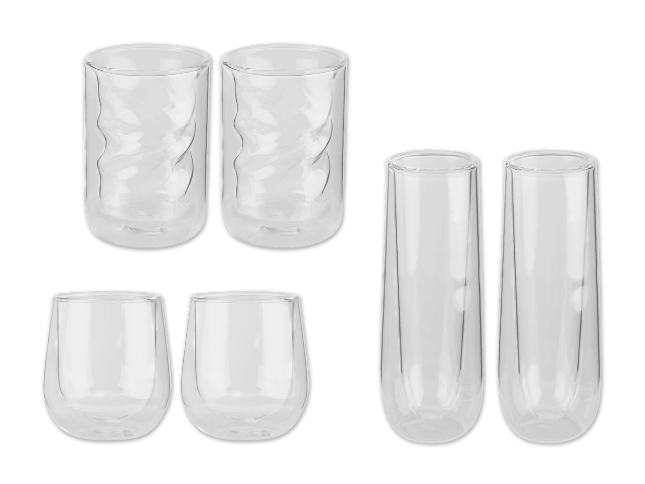 Doppelwandige Gläser in verschiedenen Formen, darunter hohe, gewellte und bauchige Designs.