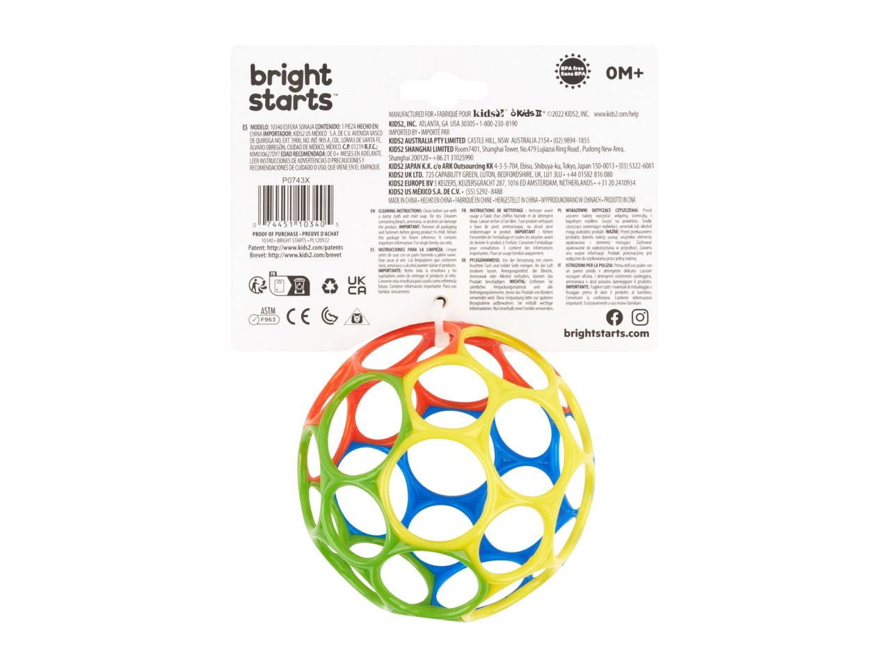 A colorful Bright Starts Oball rattle toy with product information and branding.
