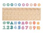 Wooden educational toy with colorful rings, geometric shapes, and numbers 1-10.