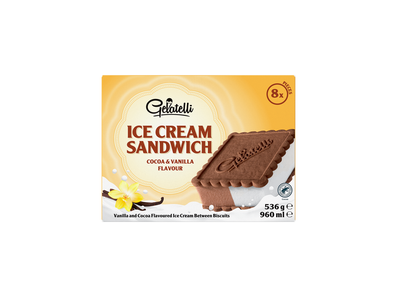 Sanduíche de gelado Gelatelli sabor cacau e baunilha, 8 unidades.