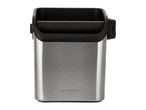 Stainless steel coffee knock box with a black rubber bar and rim.