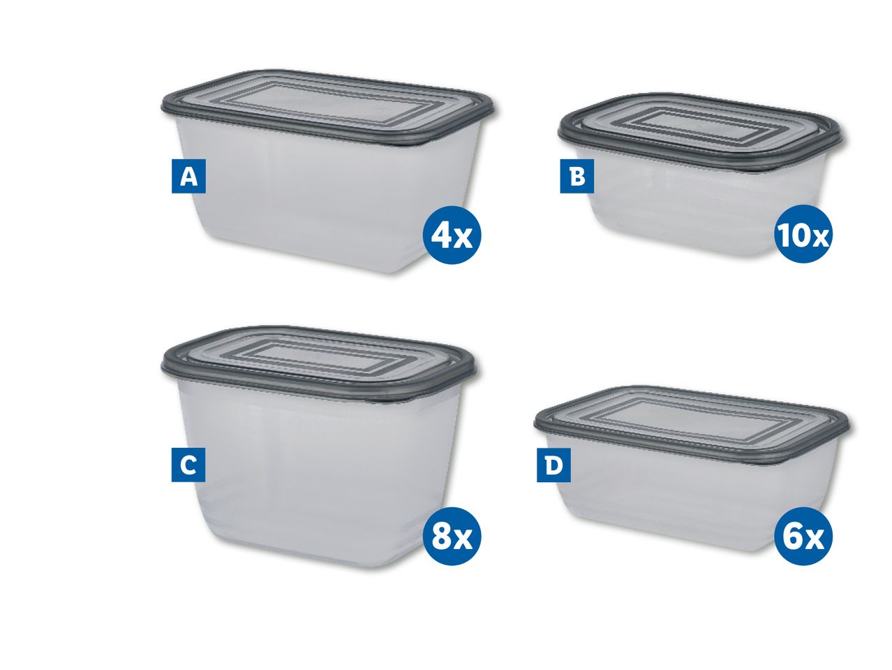Plastikas pārtikas trauku komplekts ar vākiem dažādos izmēros.