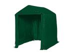 Green outdoor storage shed with a peaked roof and open front