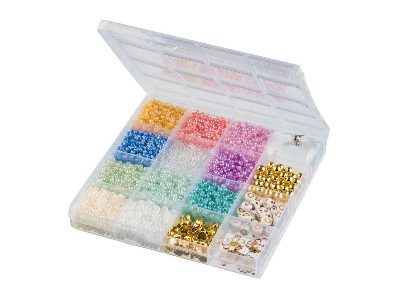 Clear plastic organizer box filled with various colorful beads and jewelry-making supplies.