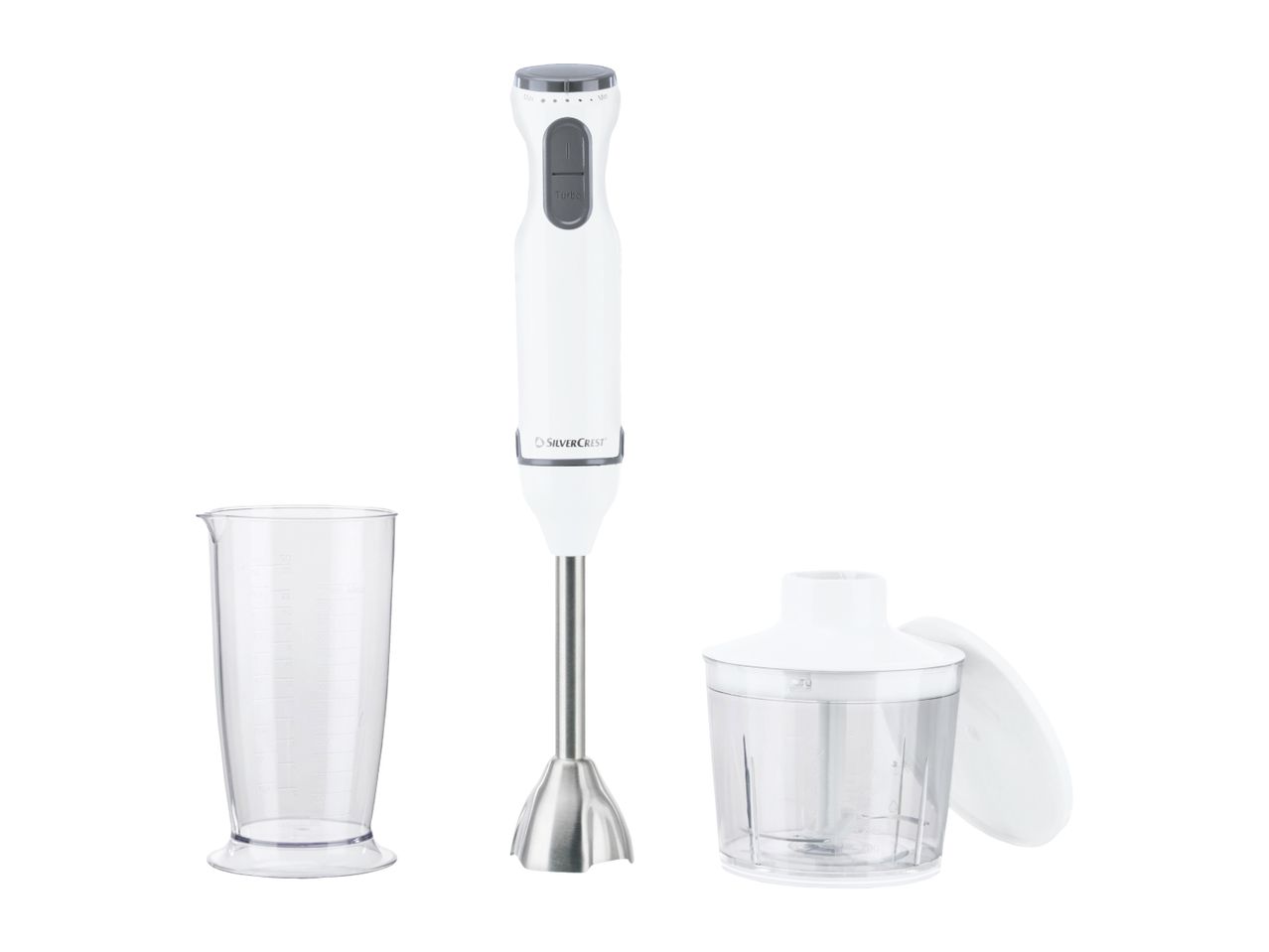 White hand blender set with a measuring beaker and a chopper attachment