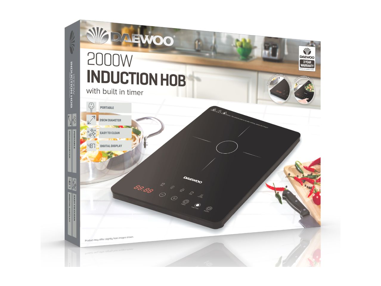 A box shows a 2000W Cuisinart induction hob with digital controls.