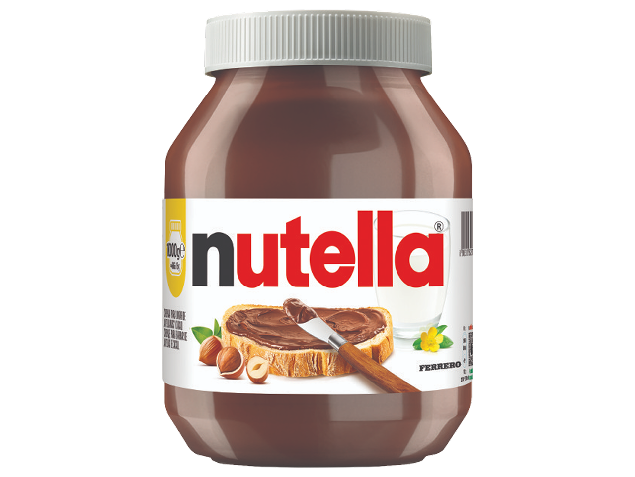 Um pote de Nutella com uma fatia de pão com Nutella, avelãs e um copo de leite.