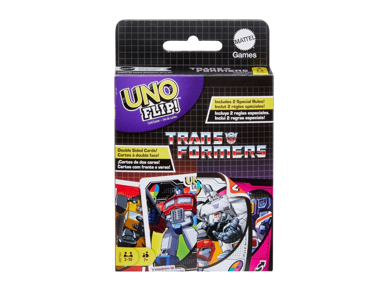UNO Flip! Transformers card game box with Optimus Prime and Megatron artwork.