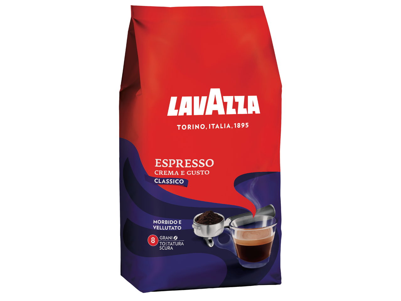 Червена опаковка кафе на зърна с надпис „Espresso Crema e Gusto Classico“.