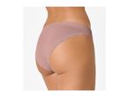Women's pink briefs with lace trim, side view.