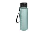Light green water bottle with a black lid and strap, featuring volume measurements in ml and oz.