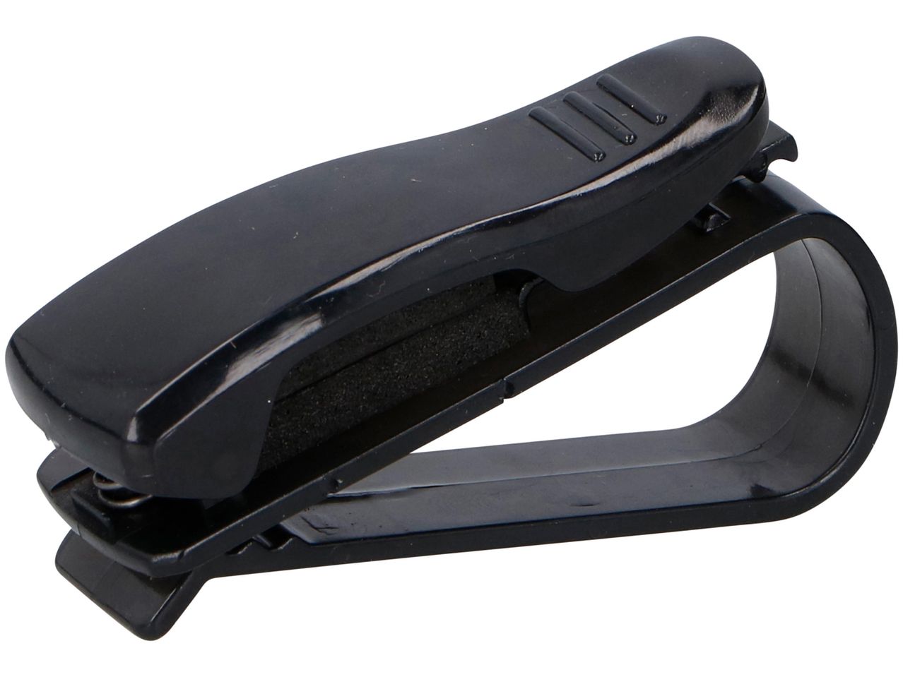 Un supporto per occhiali da sole per auto, nero, in plastica.