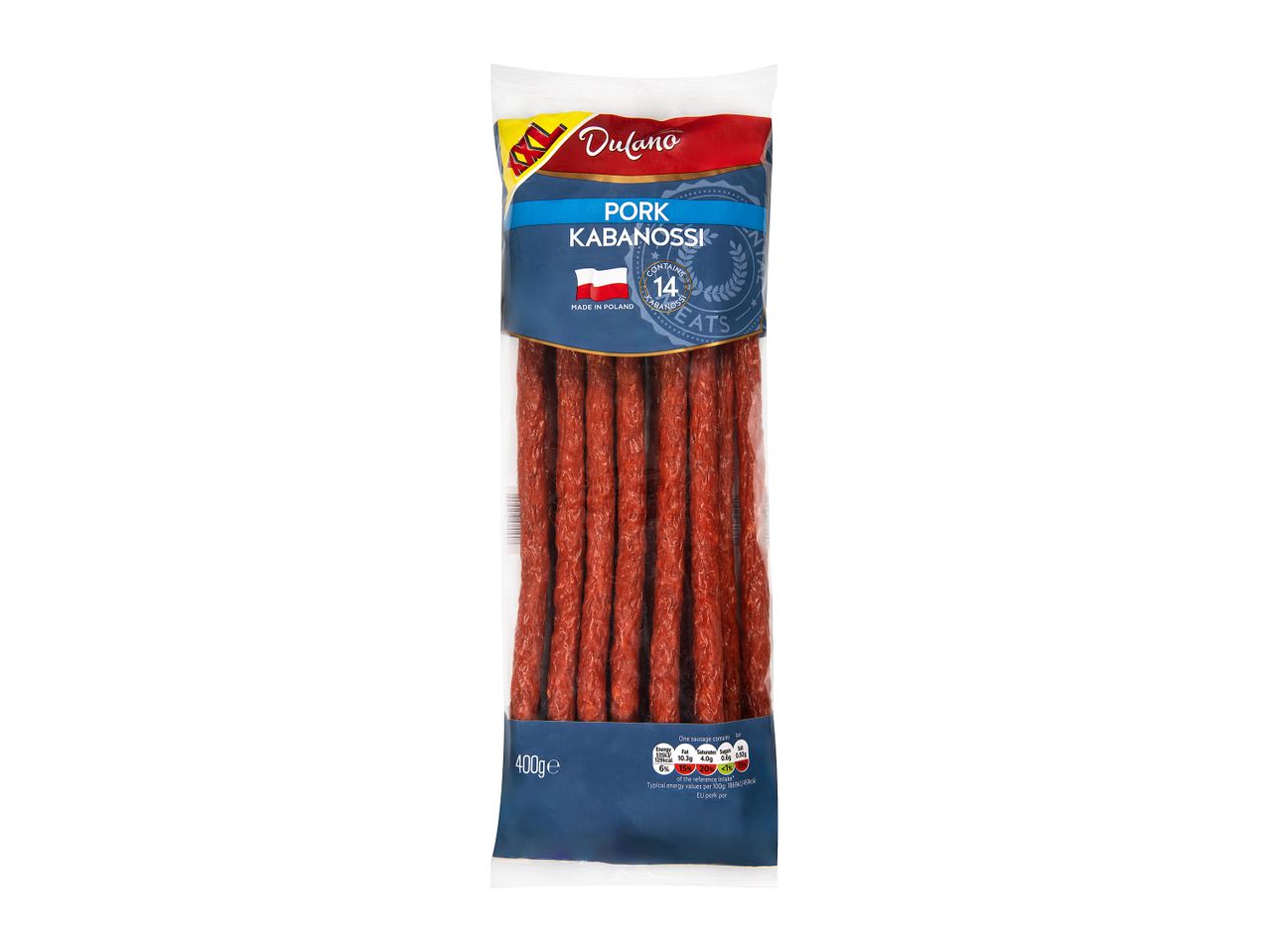 Dulano pork kabanossi: 14 sausages in a pack.