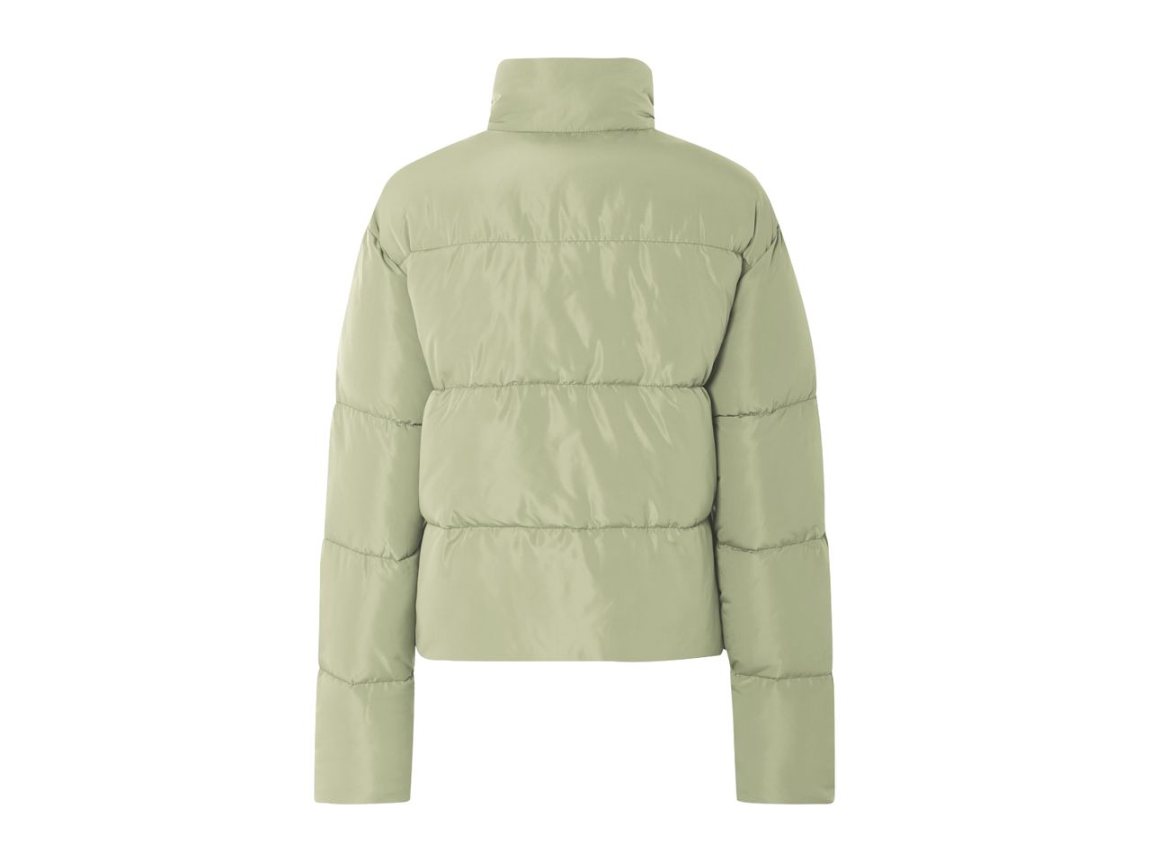 Back view of a light green puffer jacket with a high collar