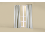 Livarno® Zavjese: Parede bege com janela branca e cortinas cinzentas.