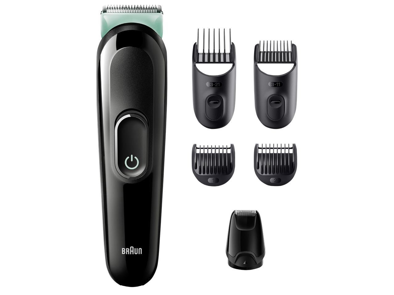 Комплект за подстригване с електрическа самобръсначка и различни приставки за гребен.