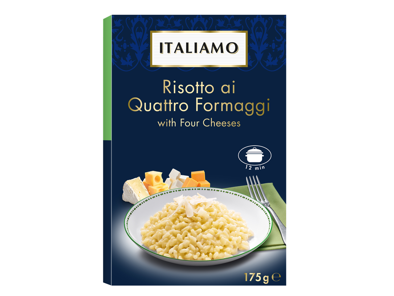 Paquet de risotto aux quatre fromages avec une assiette de risotto et des fromages.