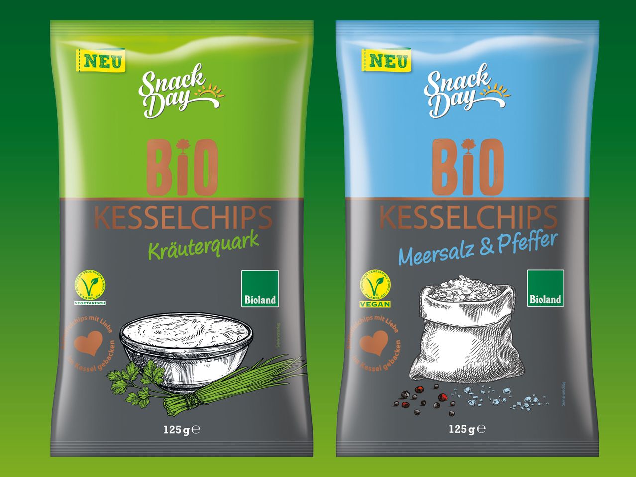 Snack Day Bio Kesselchips: Kräuterquark und Meersalz & Pfeffer.