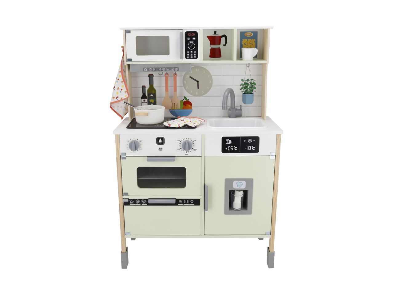 A wooden toy kitchen with a microwave, oven, sink, and refrigerator, featuring various accessories.