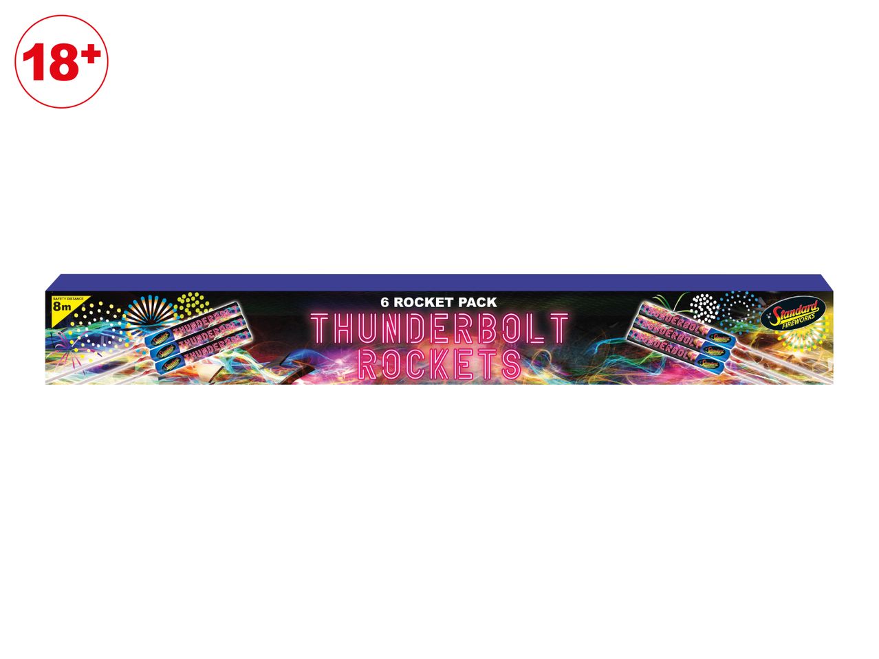 A pack of 6 thunderbolt rockets with an 8m safety distance.