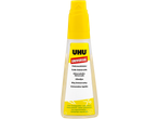 UHU Universele lijm, oplosmiddelvrij, in een transparante fles met gele dop.