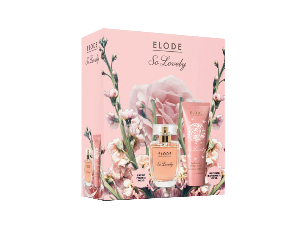 Conjunto de oferta de perfume e loção corporal com tema floral rosa.