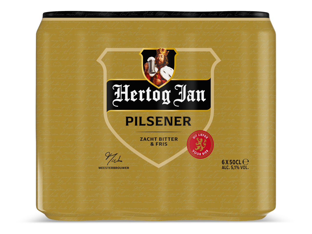 Gouden bierblik met een koning die een bierpul vasthoudt, met de tekst 'Pilsener' en 'Zacht Bitter & Fris'.