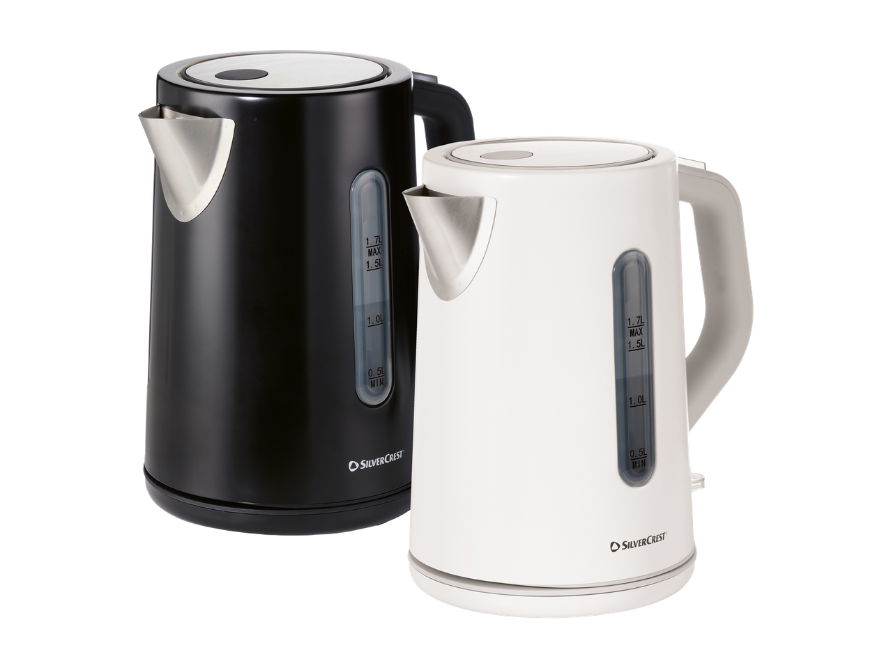 Dva električna kuhala za vodu, jedno crno i jedno bijelo, s mjeračima razine vode.