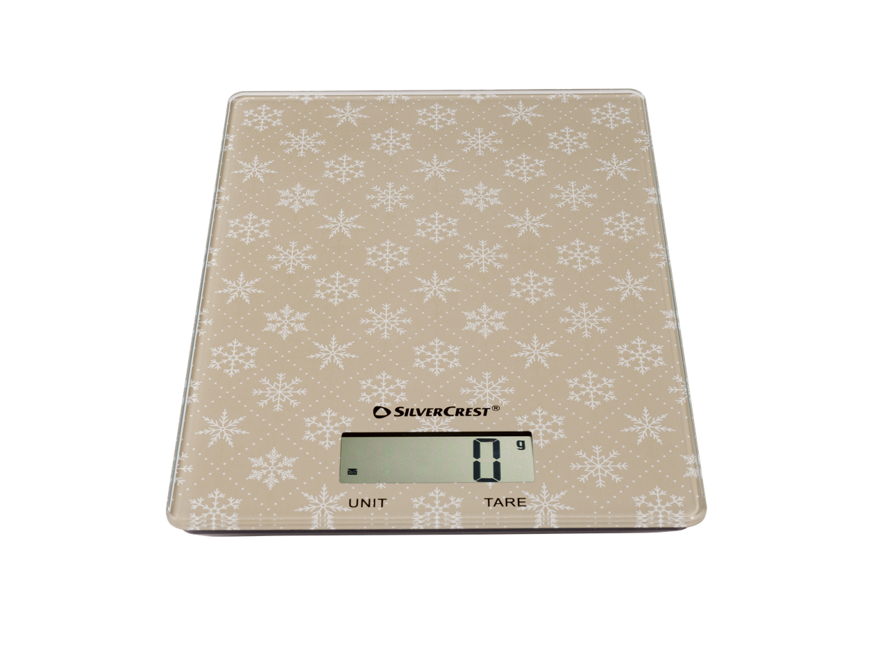 Silvercrest® digitaalne köögikaal lumehelbe mustriga, näitab „0 g”.