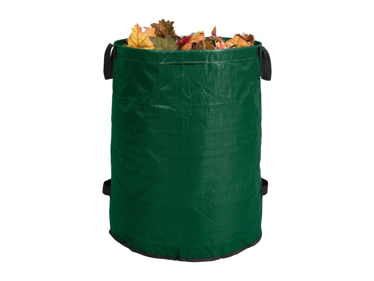 Green garden waste bag filled with colorful autumn leaves