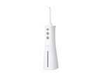 White cordless water flosser with three grey buttons and a transparent water tank
