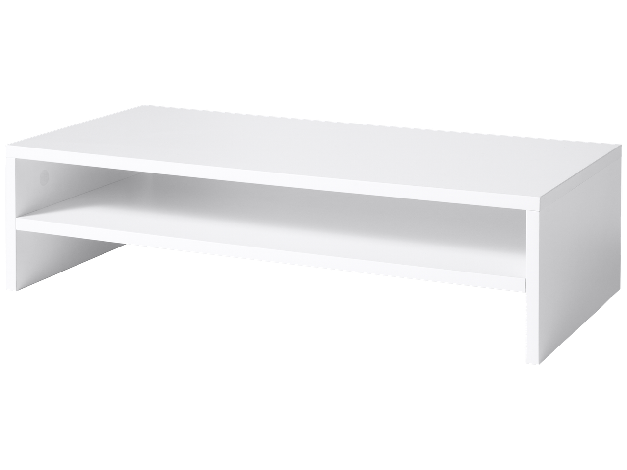 Étagère de rangement blanche à deux niveaux pour moniteur ou télévision.