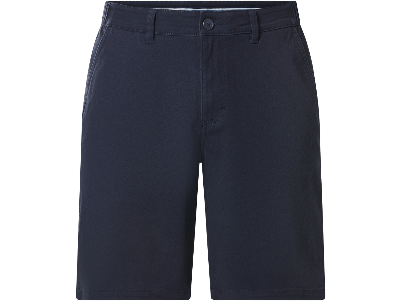 Teget šorts sa bočnim džepovima i dugmetom na struku.