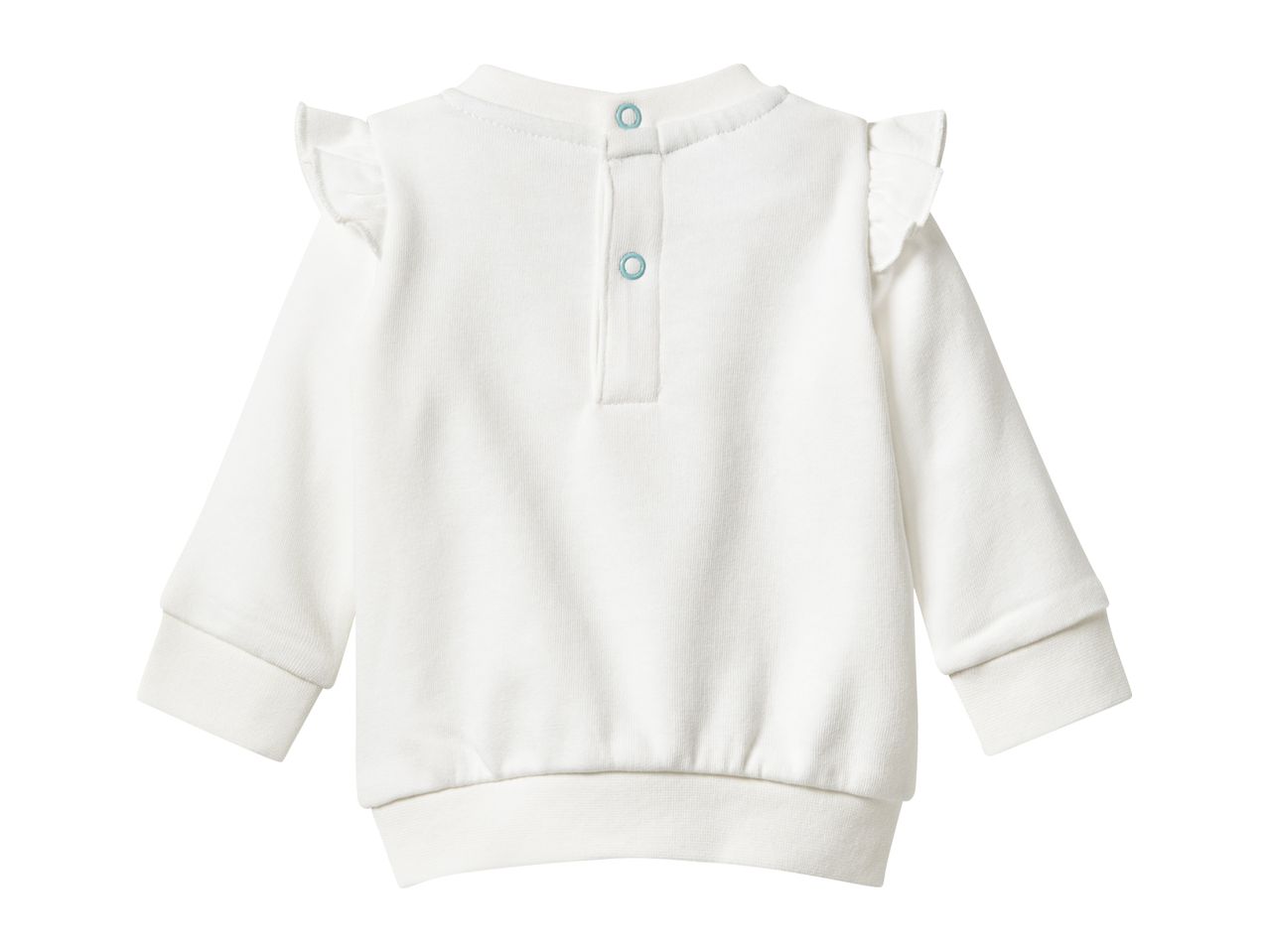 White long-sleeved baby top with ruffle shoulders and snap buttons on the back.