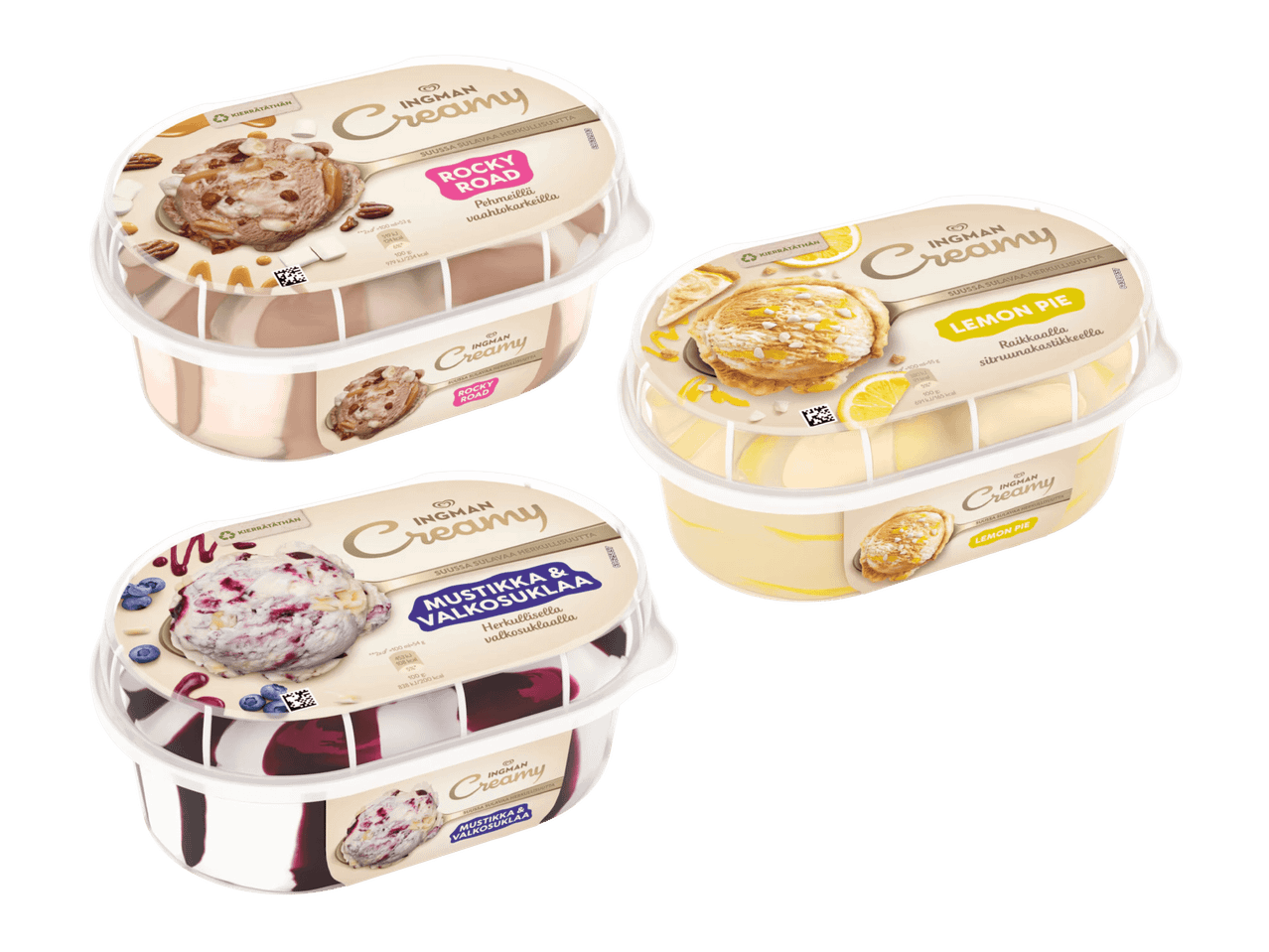 Kolme kermajäätelöpakkausta: Rocky Road, Mustikka & Valkosuklaa ja Lemon Pie.
