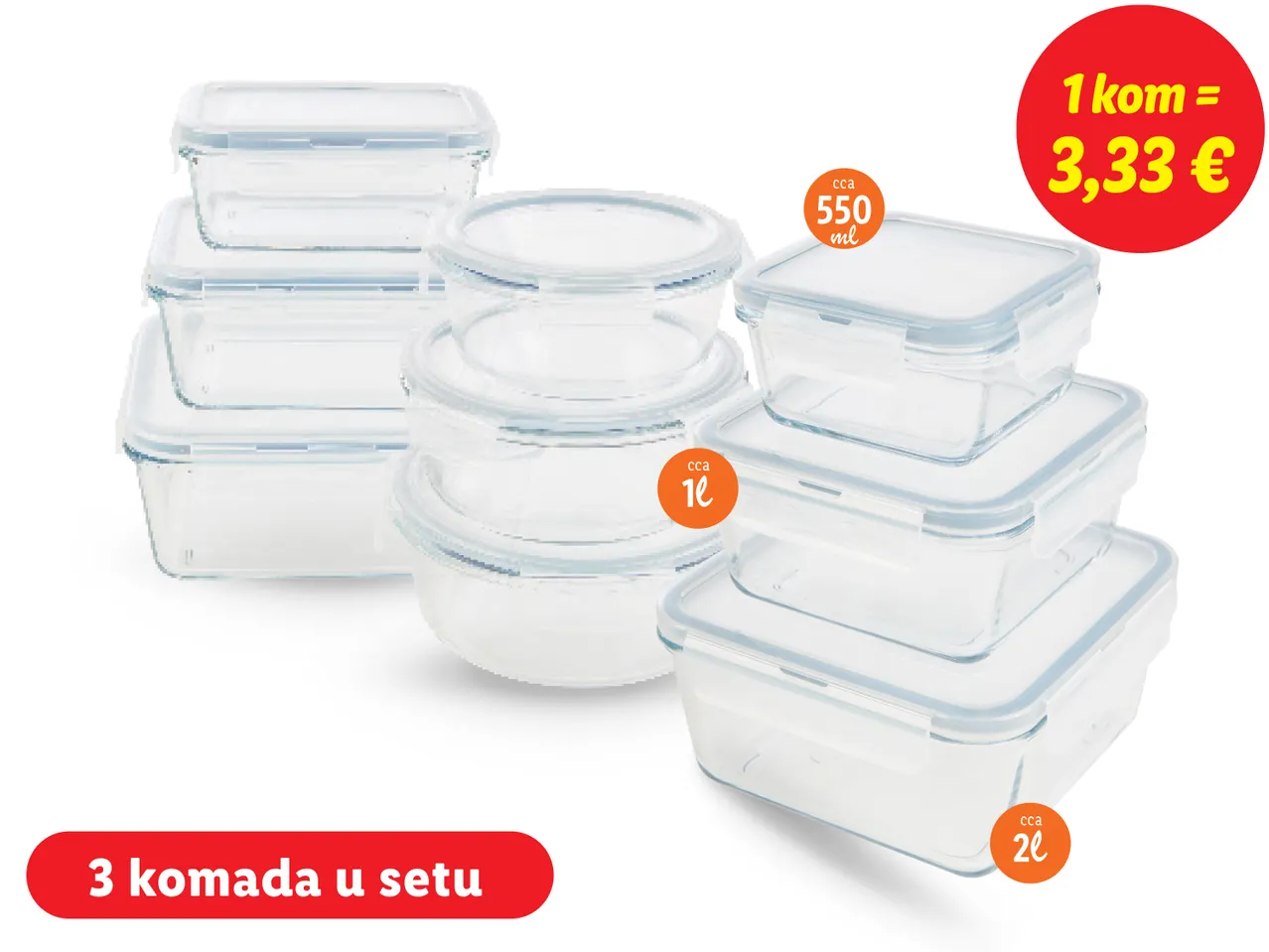 Set staklenih posuda za pohranu hrane s poklopcima.