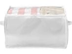 White storage bag with a clear top, filled with folded clothes.