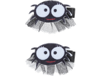 Two black spider hair clips with white eyes and red smiles