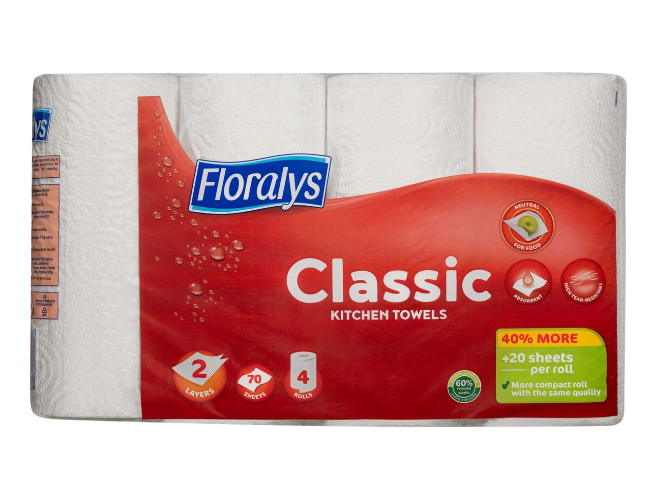 Floralys Classic konyhai papírtörlő 4 tekercses kiszerelésben, 2 rétegű és 70 lapos.
