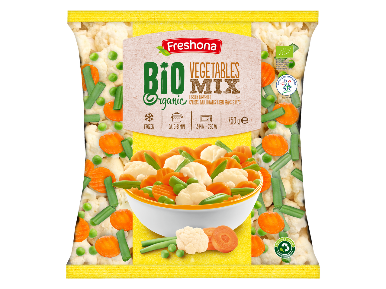 Freshona Legume bio: amestec de morcovi, conopidă, fasole verde și mazăre, 750g.