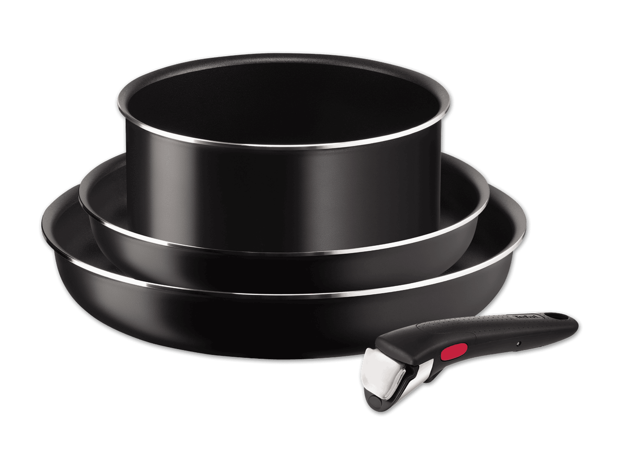 Tefal-Kochgeschirr-Set: drei schwarze Töpfe und Pfannen mit abnehmbarem Griff.