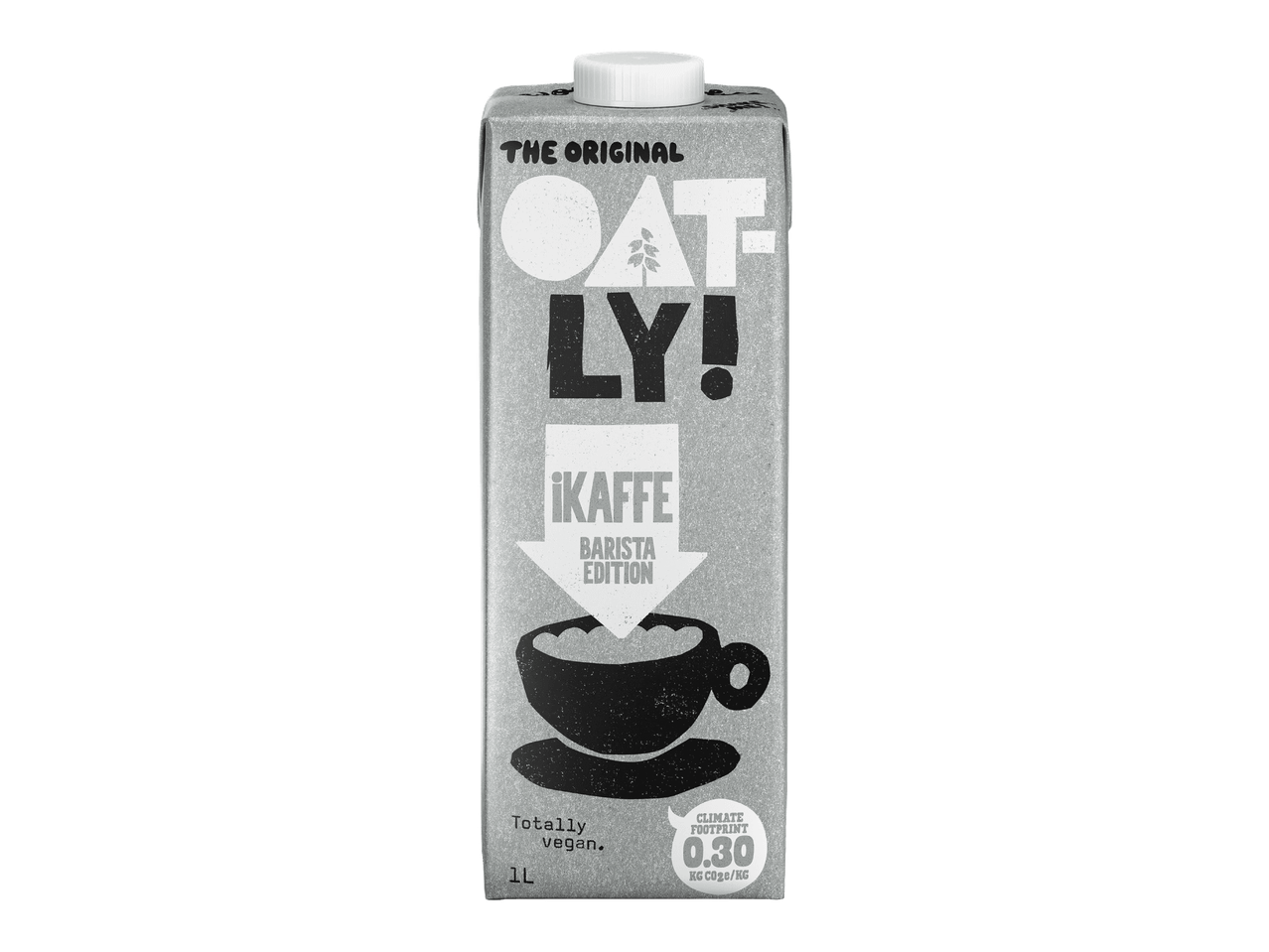 Harmaa kaurajuomapakkaus, jossa lukee 'THE ORIGINAL OATLY! IKAFFE BARISTA EDITION' ja 'Totally vegan. 1L'.
