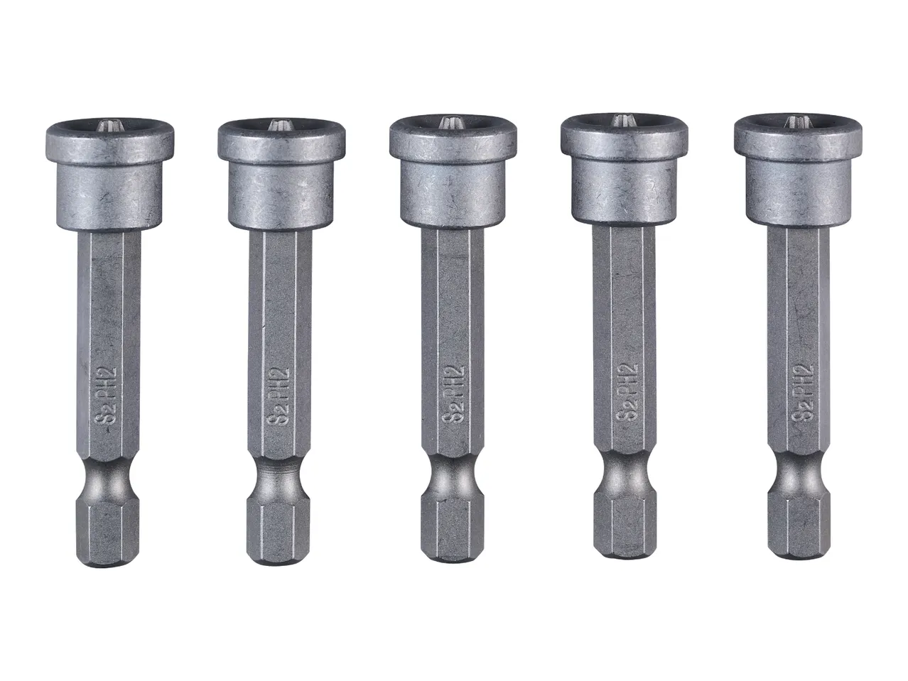Five magnetic screwdriver bits, S2 PH2, for power drills, arranged in a row.
