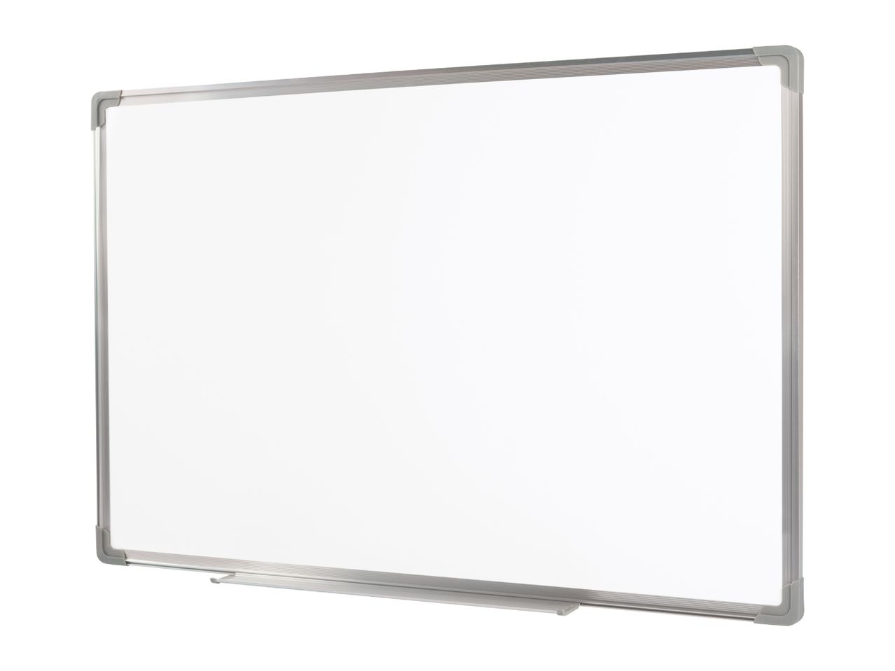 Whiteboard with a silver frame and a pen tray, angled view.