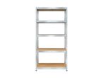 A five-shelf metal storage rack with a wooden bottom shelf.