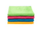 Pilha de quatro panos de microfibra Vileda coloridos: verde, rosa, azul e laranja.