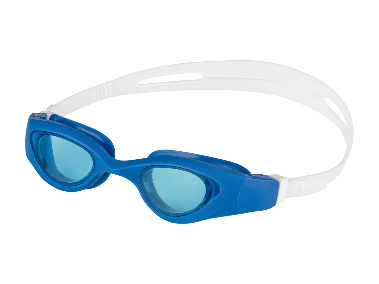 Blue swimming goggles with a white strap