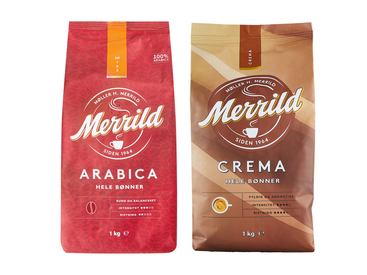 Du „Merrild“ kavos pupelių maišeliai: raudonas „Arabica“ ir rudas „Crema“.